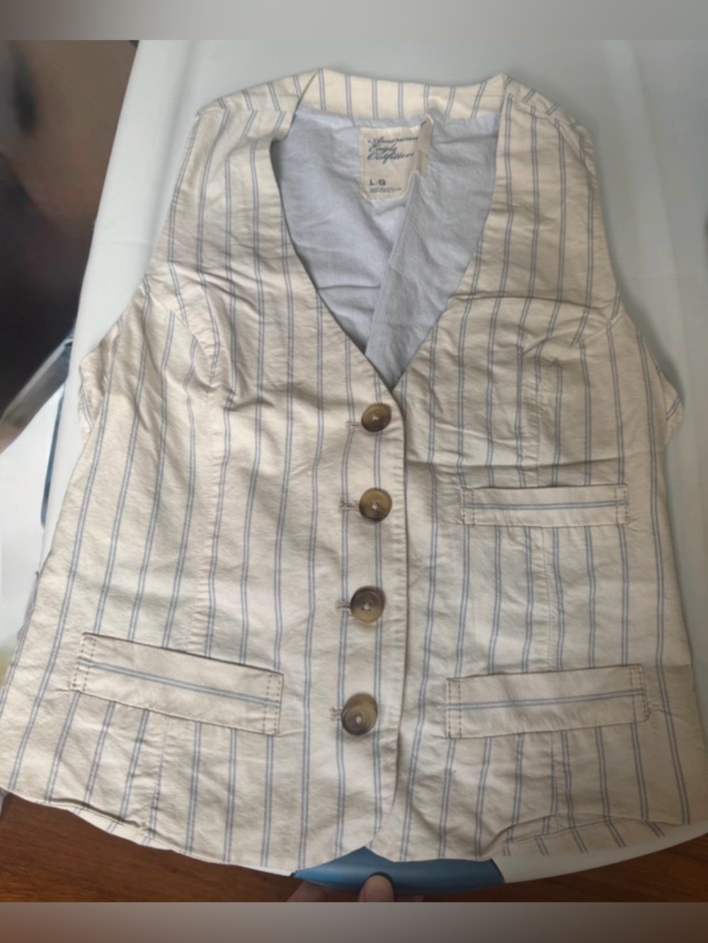 American Eagle Outfitters Cream Vest with Blue Pinstripes